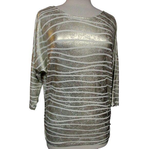 Chico's Metallic Wavy Stripe Gold White Top Sz 0 Ruched Sides Pullover Stretch - Picture 1 of 9